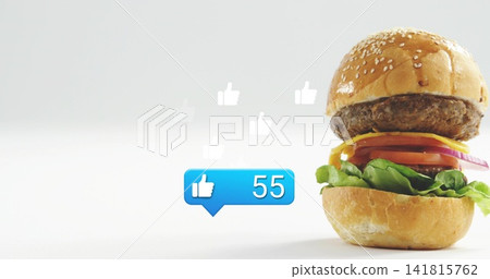 Showcasing sesame-seed cheeseburger on right of gray backdrop, blue like bubble 55, copy space Showcasing sesame-seed cheeseburger on right of gray backdrop, blue like bubble 55, copy space 141815762