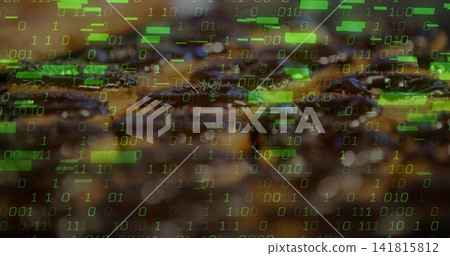 Showing glossy roasted coffee beans shining with oil in macro close-up, featuring green binary bars Showing glossy roasted coffee beans shining with oil in macro close-up, featuring green binary bars 141815812