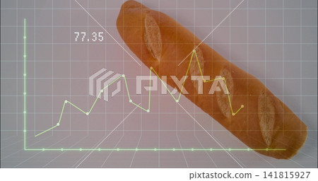 Lying long baguette spanning pale gray tabletop, showing neon-green 3D grid and chart 77 Lying long baguette spanning pale gray tabletop, showing neon-green 3D grid and chart 77 141815927
