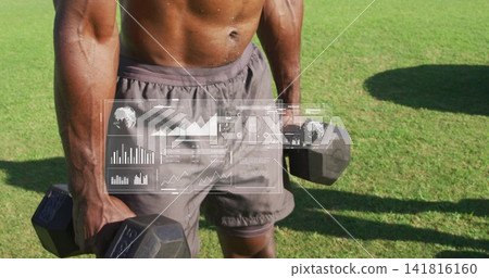 Posing fit man wearing gray drawstring shorts holding heavy hex weights on sunlit lawn, HUD overlay Posing fit man wearing gray drawstring shorts holding heavy hex weights on sunlit lawn, HUD overlay 141816160