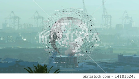 Hovering 3D wireframe globe overlaying misty harbor port, showing cranes, docked ships, palm tree Hovering 3D wireframe globe overlaying misty harbor port, showing cranes, docked ships, palm tree 141816245