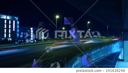 Highlighting curved roadway revealing red white light trails at elevated road, with data overlays Highlighting curved roadway revealing red white light trails at elevated road, with data overlays 141816248