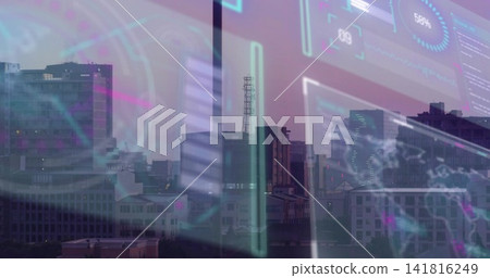 Displaying layered office towers with rooftop antennas at dusk, reflecting HUD charts on glass Displaying layered office towers with rooftop antennas at dusk, reflecting HUD charts on glass 141816249