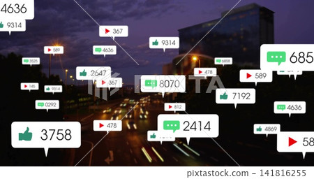 Displaying floating speech bubbles and play icons over dusk urban highway, showing car light trails Displaying floating speech bubbles and play icons over dusk urban highway, showing car light trails 141816255