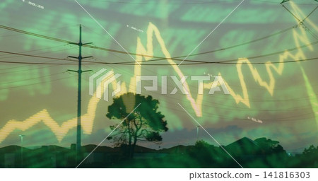 Capturing solitary tree silhouette at suburban dusk with pole wires, yellow chart over green glow Capturing solitary tree silhouette at suburban dusk with pole wires, yellow chart over green glow 141816303