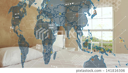 Projecting translucent digital world map overlay spanning bedroom, showing bed, lamp, window Projecting translucent digital world map overlay spanning bedroom, showing bed, lamp, window 141816306