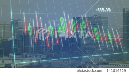 Displaying candlestick overlay floating over city skyline, with red green candles, baseline -115 Displaying candlestick overlay floating over city skyline, with red green candles, baseline -115 141816329
