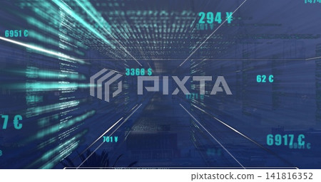 Projecting hologram currency streams and code columns in office hall to vanishing point, with plant Projecting hologram currency streams and code columns in office hall to vanishing point, with plant 141816352
