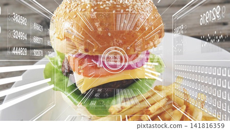 Showing sesame bun cheeseburger sitting on white tray at diner counter, with HUD overlays Showing sesame bun cheeseburger sitting on white tray at diner counter, with HUD overlays 141816359