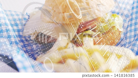 Displaying sesame burger and fries with lettuce, tomato and cheese on checkered liner, with HUD Displaying sesame burger and fries with lettuce, tomato and cheese on checkered liner, with HUD 141816385