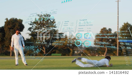 Diving male athlete wearing white uniform sliding on grassy field, with AR overlay, copy space 141816492