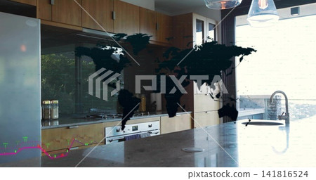 Covering dark world map graphic stretching across modern kitchen, overlaying marble island and sink Covering dark world map graphic stretching across modern kitchen, overlaying marble island and sink 141816524