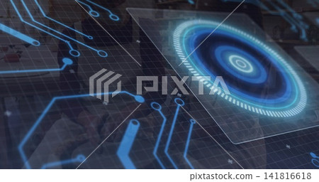 Displaying glowing circular HUD and glass circuit grid at lab, reflecting duo in business wear 141816618