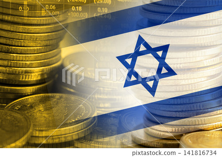 Stock market investment trading financial, coin and Israel flag , finance business trend data. Stock market investment trading financial, coin and Israel flag , finance business trend data. 141816734