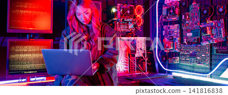 Asian woman is sitting at a desk with a laptop service in server room, Thinking and solve problems, Software engineer typing coding in laptop computer at data center Asian woman is sitting at a desk with a laptop service in server room, Thinking and solve problems, Software engineer typing coding in laptop computer at data center 141816838