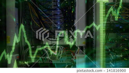 Showing server rack hosting switches, patch panels and bundled cables in data center, green overlay Showing server rack hosting switches, patch panels and bundled cables in data center, green overlay 141816900