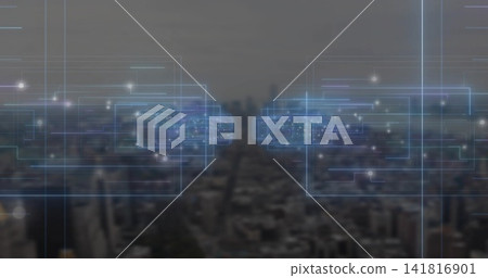 Floating digital network overlay hovering over urban skyline at dusk, showing blue frames and nodes Floating digital network overlay hovering over urban skyline at dusk, showing blue frames and nodes 141816901
