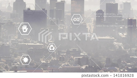 Displaying high-rises and rooftops rising in hazy smog over downtown, with hexagon UI, numeric data Displaying high-rises and rooftops rising in hazy smog over downtown, with hexagon UI, numeric data 141816928