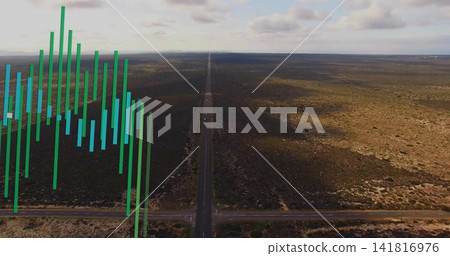 Running straight highway toward horizon through arid plain, crossing road with green teal overlay Running straight highway toward horizon through arid plain, crossing road with green teal overlay 141816976