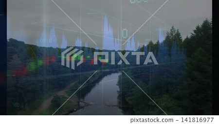 Showing river winding from hillside viewpoint, with dirt path, evergreens, chart overlay Showing river winding from hillside viewpoint, with dirt path, evergreens, chart overlay 141816977
