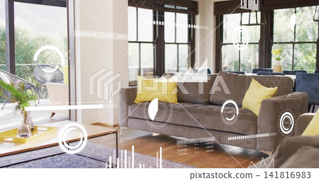 Showing mid-gray sofa occupying center in living room, featuring yellow pillows and HUD overlays Showing mid-gray sofa occupying center in living room, featuring yellow pillows and HUD overlays 141816983