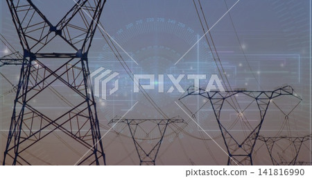 Stretching steel lattice pylons receding across utility corridor at dusk with power lines, HUD Stretching steel lattice pylons receding across utility corridor at dusk with power lines, HUD 141816990