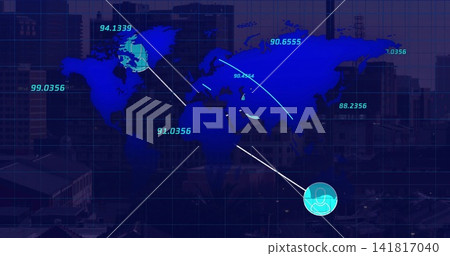 Displaying stylized world map showing white links and cyan labels over city skyline with avatar Displaying stylized world map showing white links and cyan labels over city skyline with avatar 141817040