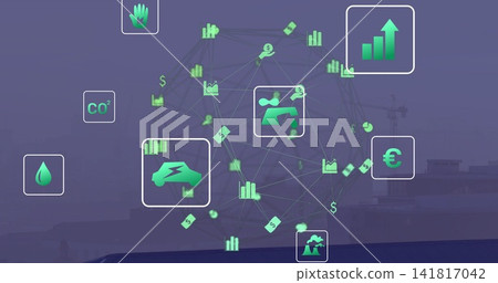 Floating translucent network sphere showing icons over harbor, with electric car CO2 euro charts Floating translucent network sphere showing icons over harbor, with electric car CO2 euro charts 141817042