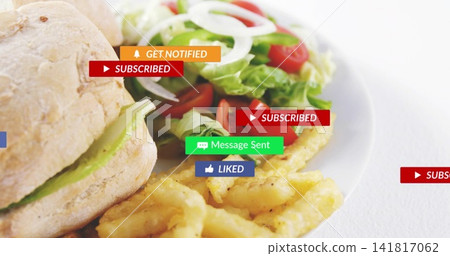 Showing split-roll lettuce salad fries on white plate, GET NOTIFIED SUBSCRIBED Message Sent LIKED 141817062
