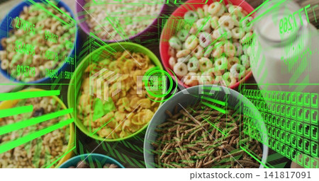 Displaying six ceramic bowls holding dry cereals on wooden table with milk jug, green HUD overlays Displaying six ceramic bowls holding dry cereals on wooden table with milk jug, green HUD overlays 141817091