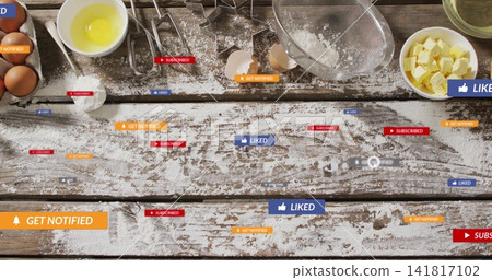 Showing floured board on rustic bench with brown eggs, yolk, beaters, sieve, butter, notifications 141817102