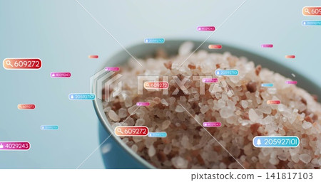 Presenting ceramic bowl holding coarse pink rock salt crystals on studio table, with digital badges Presenting ceramic bowl holding coarse pink rock salt crystals on studio table, with digital badges 141817103