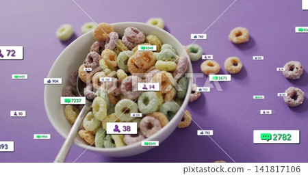 Showing white bowl with pastel cereal rings scattered on purple matte, metal spoon, badge overlays Showing white bowl with pastel cereal rings scattered on purple matte, metal spoon, badge overlays 141817106
