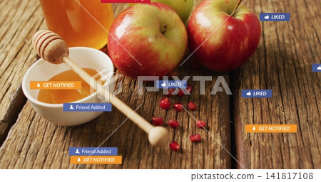 Showing 3 red-yellow apples with honey bowl and dipper, pomegranate arils on rustic table, overlays Showing 3 red-yellow apples with honey bowl and dipper, pomegranate arils on rustic table, overlays 141817108