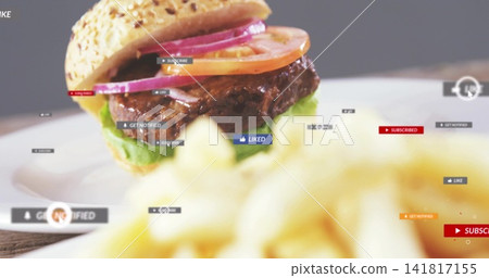 Showcasing sesame-seed burger sitting on white plate at tabletop studio, with fries and UI overlays Showcasing sesame-seed burger sitting on white plate at tabletop studio, with fries and UI overlays 141817155