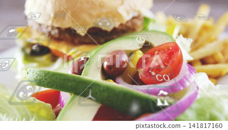 Showing close-up salad featuring avocado on plate at cafe, with hamburger, fries and UI icons Showing close-up salad featuring avocado on plate at cafe, with hamburger, fries and UI icons 141817160