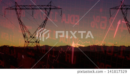 Showing steel pylon with power lines spanning ridgeline at sunset red financial overlay, copy space 141817329