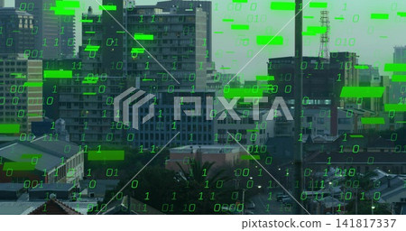 Displaying downtown skyline with roofs, chimney, antenna on mid-high towers, green binary overlay Displaying downtown skyline with roofs, chimney, antenna on mid-high towers, green binary overlay 141817337