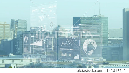 Projecting translucent holographic panels and globe over downtown skyline, showing charts Projecting translucent holographic panels and globe over downtown skyline, showing charts 141817341