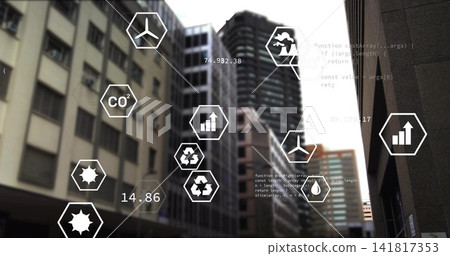 Floating hexagonal AR icons and numeric readouts hovering over downtown street canyon, showing CO2 Floating hexagonal AR icons and numeric readouts hovering over downtown street canyon, showing CO2 141817353