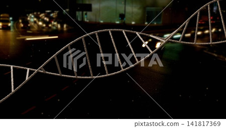 Stretching DNA helix dominating multi-lane road at night, with moving cars and wet pavement Stretching DNA helix dominating multi-lane road at night, with moving cars and wet pavement 141817369
