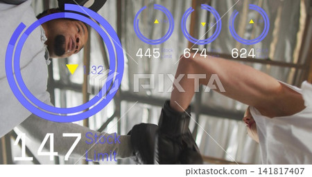 Sparring partners trading punches at gym wearing black gloves, white tank top, hoodie, pad AR HUD Sparring partners trading punches at gym wearing black gloves, white tank top, hoodie, pad AR HUD 141817407