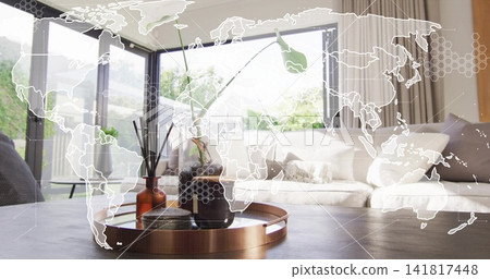 Displaying tray with vase, diffuser, container, coaster on wooden table in living room, map overlay Displaying tray with vase, diffuser, container, coaster on wooden table in living room, map overlay 141817448
