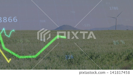 Displaying grassy field in rural plain showing overlaid green line graph, percentages, wind turbine 141817458