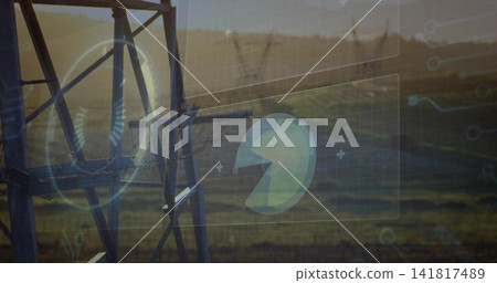 Framing metal lattice transmission tower showing cables, beams in hills, with HUD, copy space Framing metal lattice transmission tower showing cables, beams in hills, with HUD, copy space 141817489