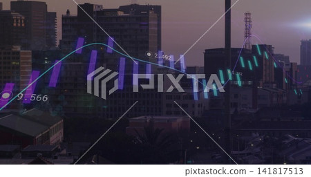 Showing market overlay over city at dusk, featuring candlesticks, trend line, numeric markers, palm Showing market overlay over city at dusk, featuring candlesticks, trend line, numeric markers, palm 141817513