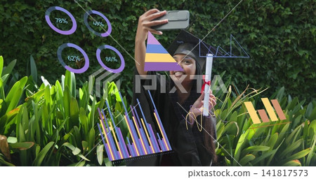 Smiling grad in black gown cap taking selfie in garden, phone and red-ribbon diploma, AR-graphics Smiling grad in black gown cap taking selfie in garden, phone and red-ribbon diploma, AR-graphics 141817573