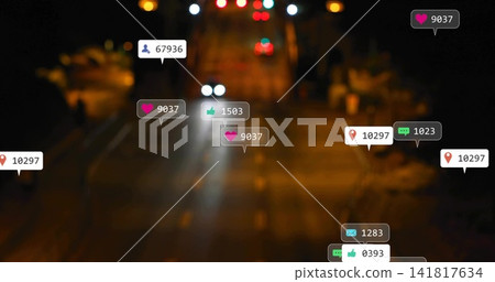 Cutting blurred roadway with bright headlights at night, showing heart, like and message bubbles Cutting blurred roadway with bright headlights at night, showing heart, like and message bubbles 141817634
