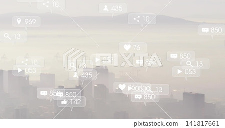 Floating semi-transparent social overlays hovering above hazy city skyline, with heart icons Floating semi-transparent social overlays hovering above hazy city skyline, with heart icons 141817661