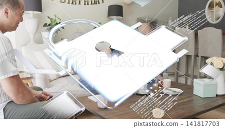 Projecting large translucent 3D padlock hologram covering living room center, with mint-green gift Projecting large translucent 3D padlock hologram covering living room center, with mint-green gift 141817703